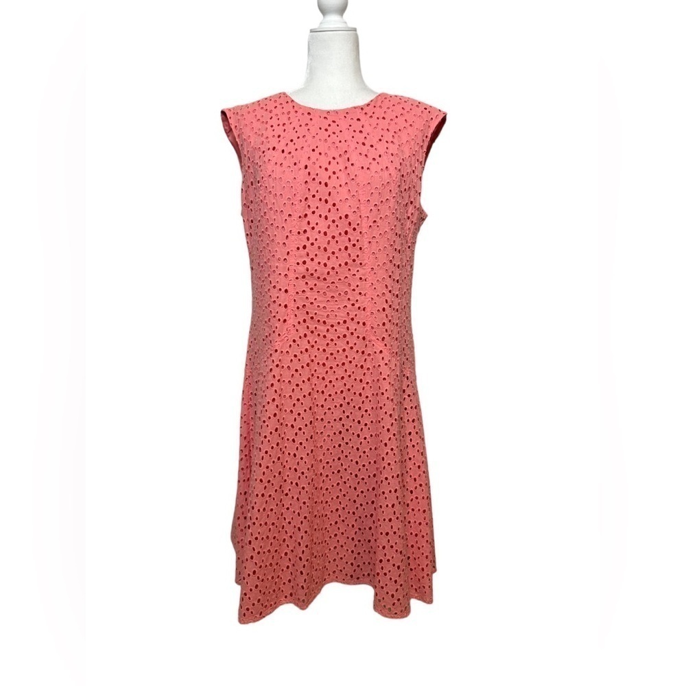 Roz & Ali Pink Coral Eyelet Dress Fit and Flare With Pockets Size 14